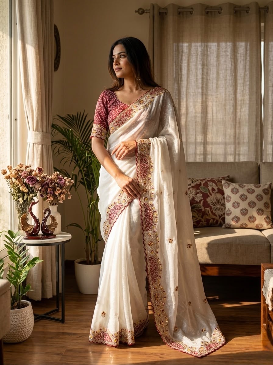 Elegant Off-White Organza Saree with Designer Embroidered Border & Matching Blouse