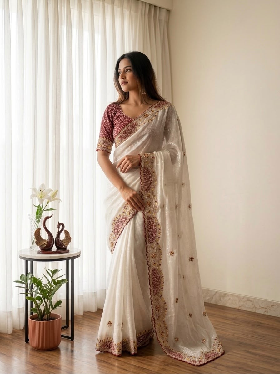 Elegant Off-White Organza Saree with Designer Embroidered Border & Matching Blouse