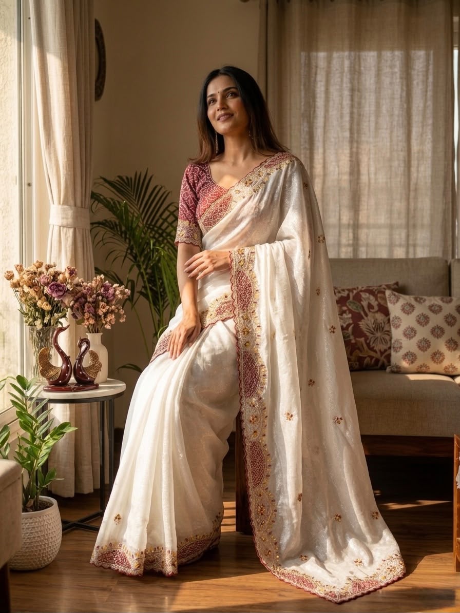 Elegant Off-White Organza Saree with Designer Embroidered Border & Matching Blouse