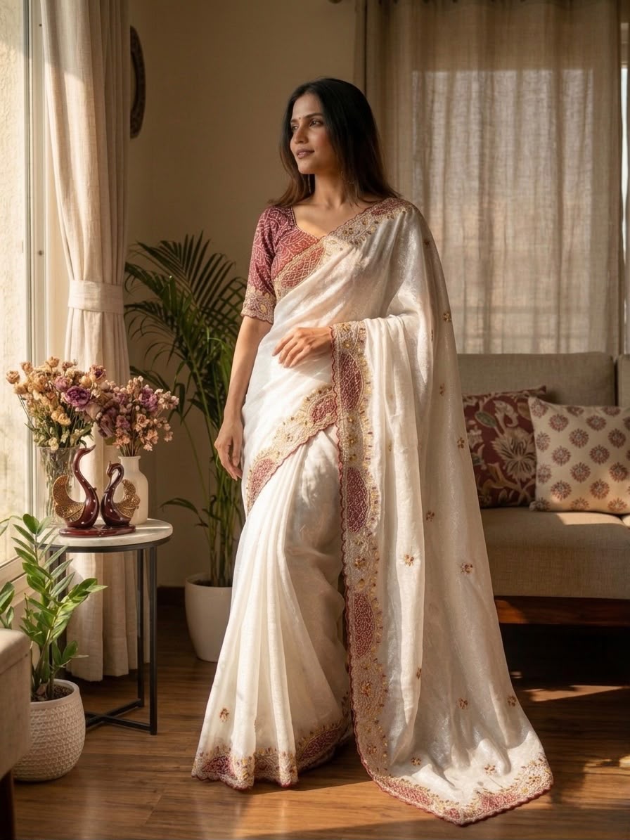 Elegant Off-White Organza Saree with Designer Embroidered Border & Matching Blouse