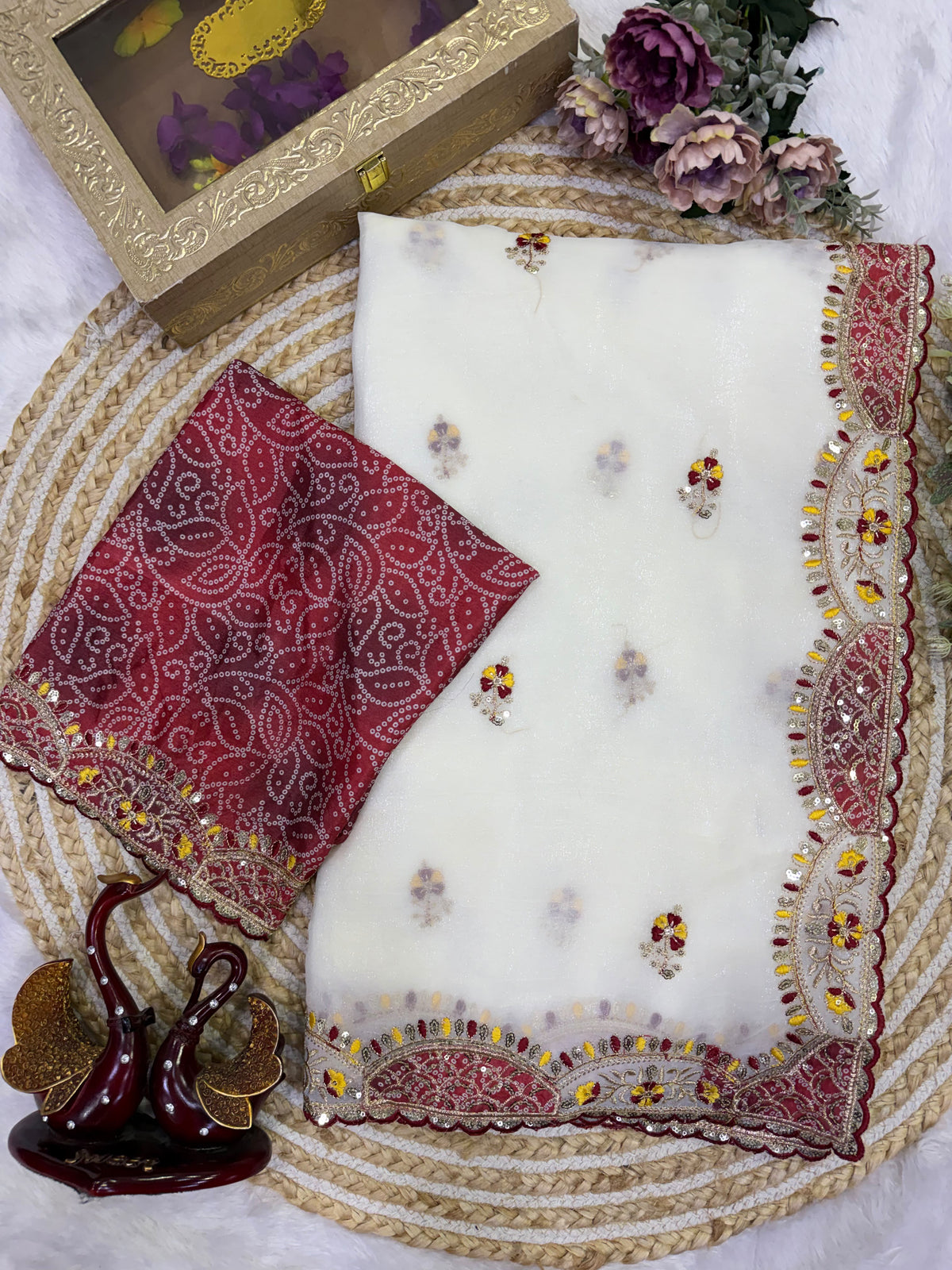 Elegant Off-White Organza Saree with Designer Embroidered Border & Matching Blouse