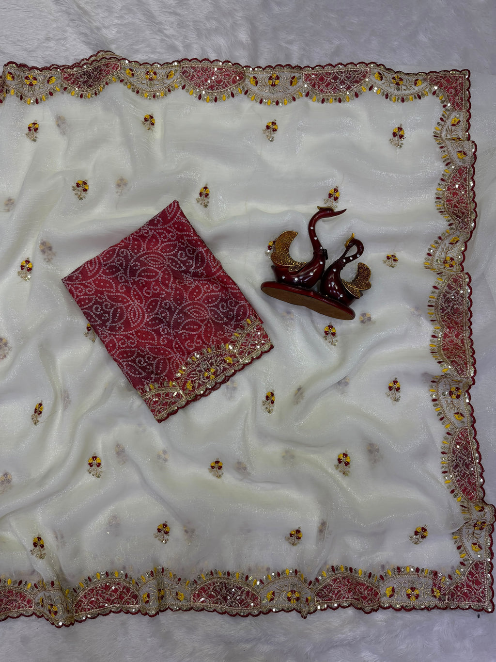 Elegant Off-White Organza Saree with Designer Embroidered Border & Matching Blouse
