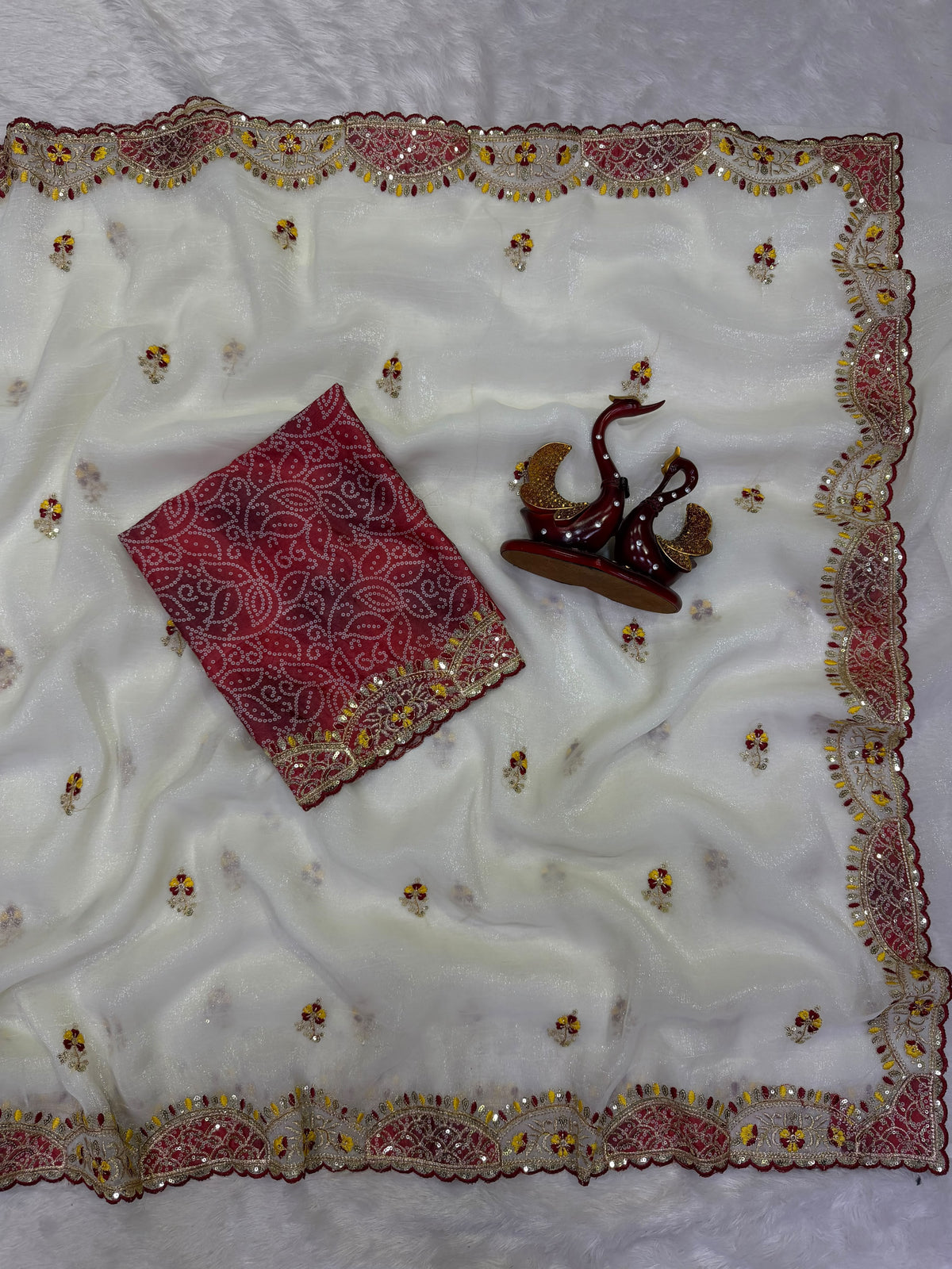 Elegant Off-White Organza Saree with Designer Embroidered Border & Matching Blouse