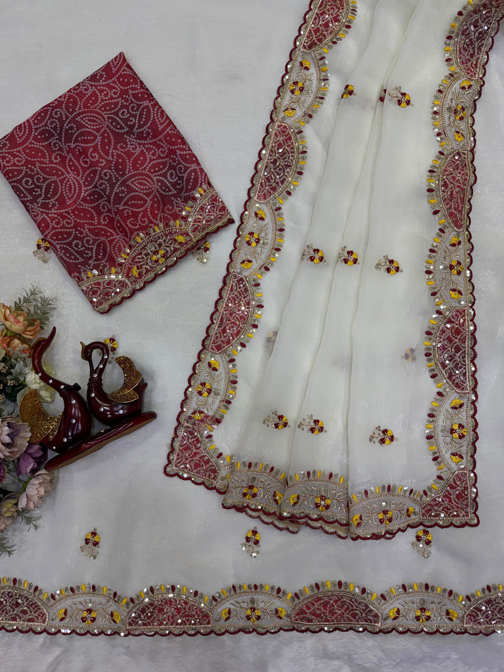 Elegant Off-White Organza Saree with Designer Embroidered Border & Matching Blouse