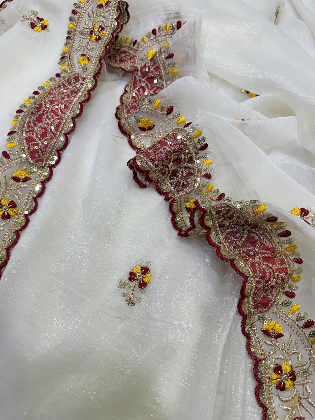 Elegant Off-White Organza Saree with Designer Embroidered Border & Matching Blouse