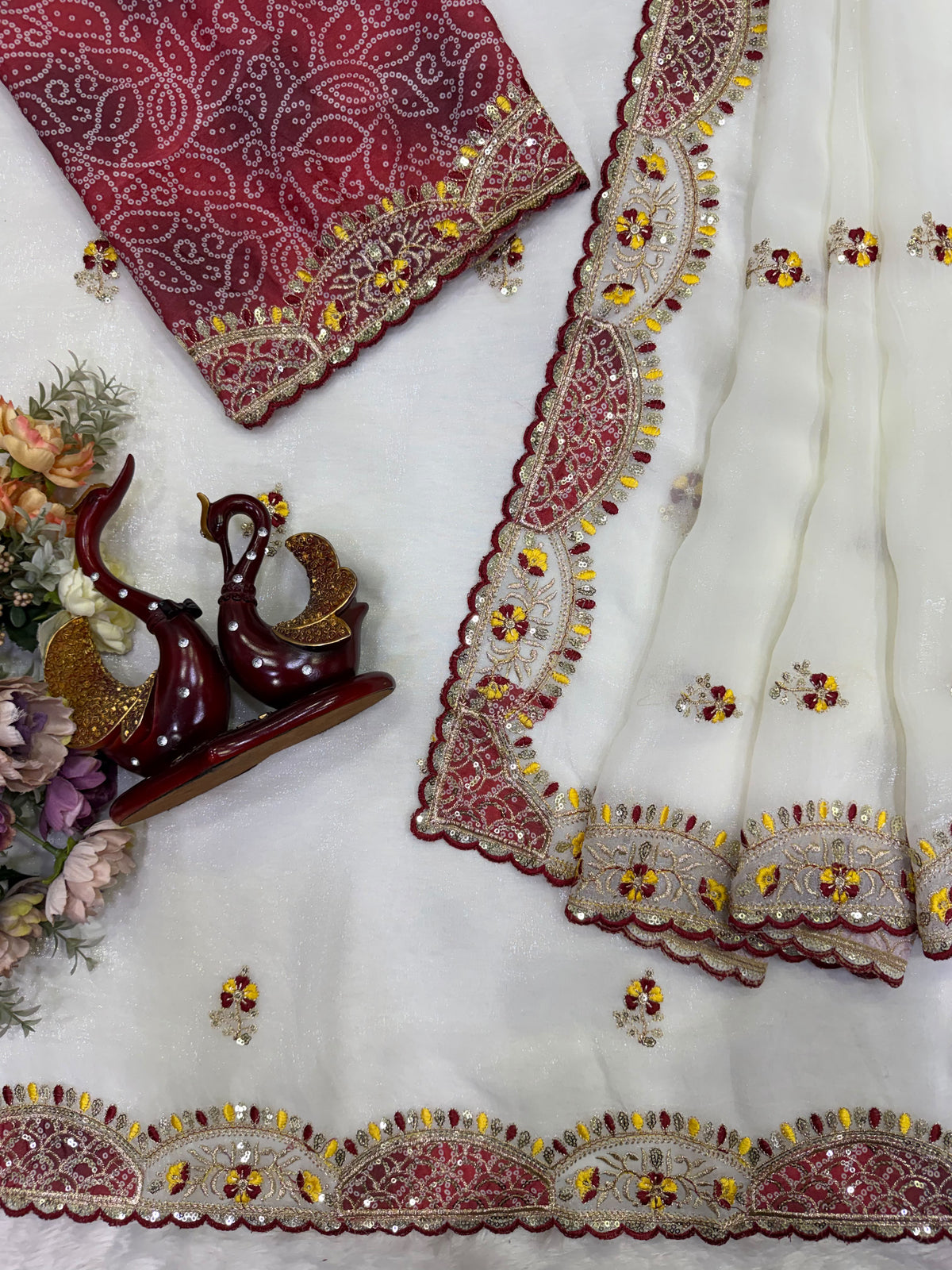 Elegant Off-White Organza Saree with Designer Embroidered Border & Matching Blouse