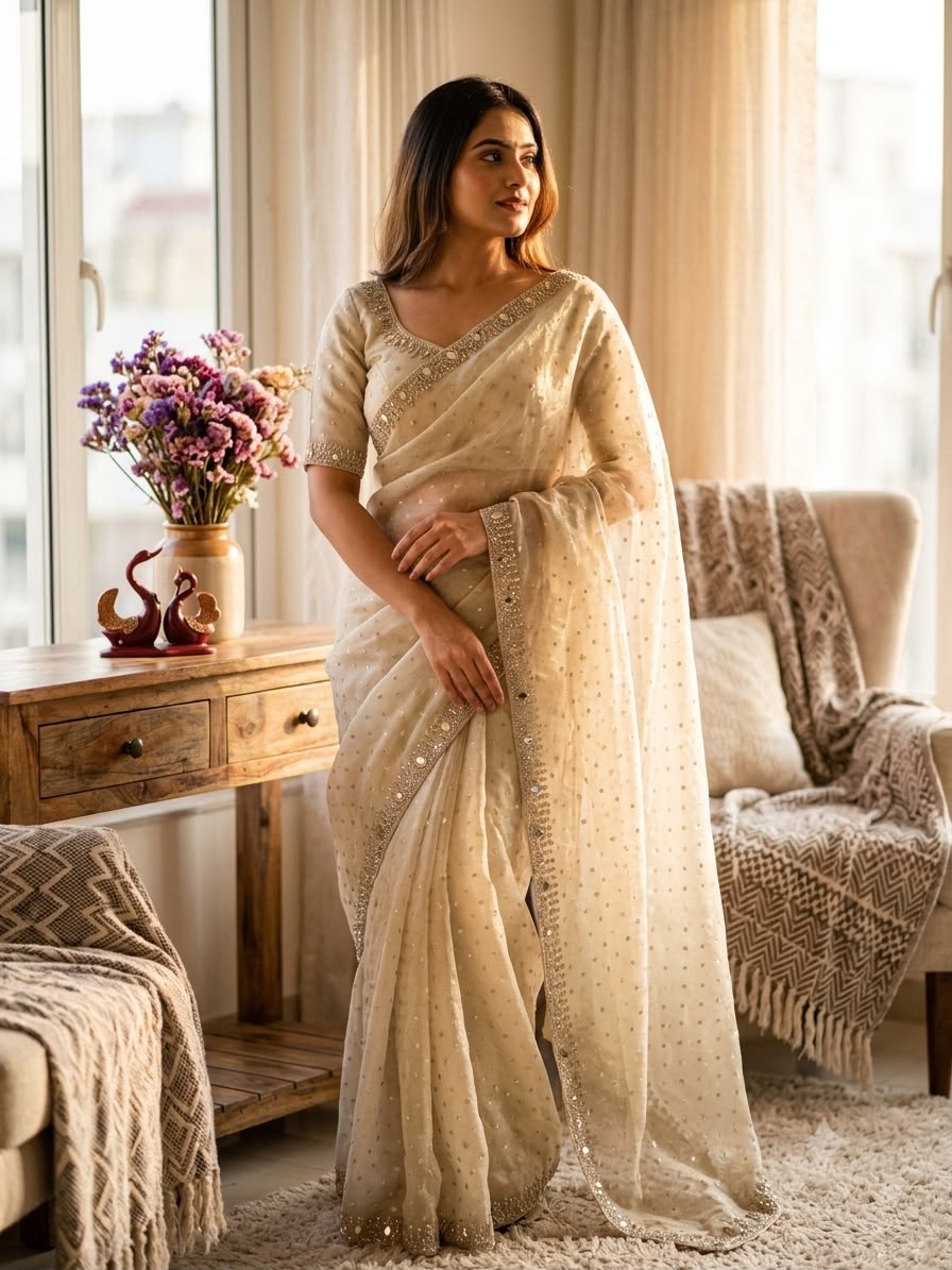 Champagne Pearl Radiance – Designer Sequin Embellished Saree  - CREAM