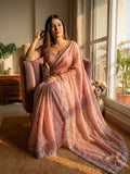 Champagne Pearl Radiance – Designer Sequin Embellished Saree  - PEACH
