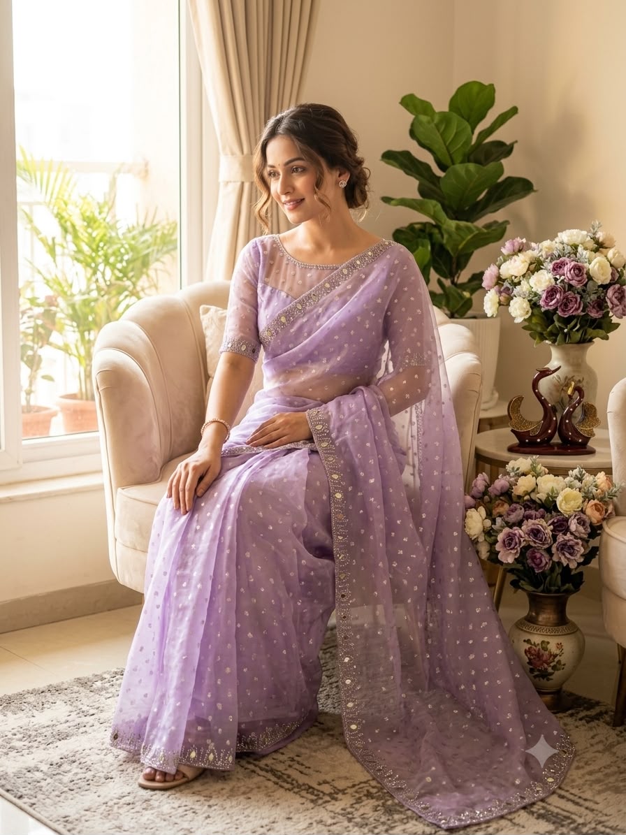 Champagne Pearl Radiance – Designer Sequin Embellished Saree  - PURPLE