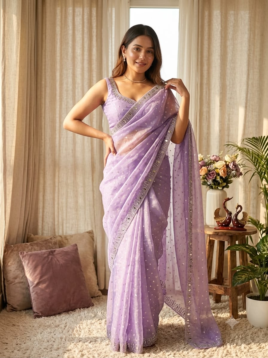 Champagne Pearl Radiance – Designer Sequin Embellished Saree  - PURPLE