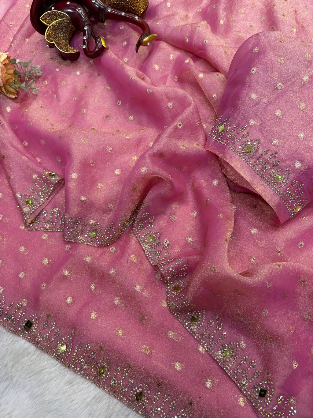 Champagne Pearl Radiance – Designer Sequin Embellished Saree  - PINK