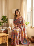 Royal Multicolor Floral Kalamkari-Inspired Printed Saree with Intricate Traditional Motifs & Designer Border