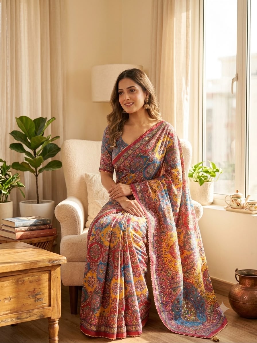 Royal Multicolor Floral Kalamkari-Inspired Printed Saree with Intricate Traditional Motifs & Designer Border