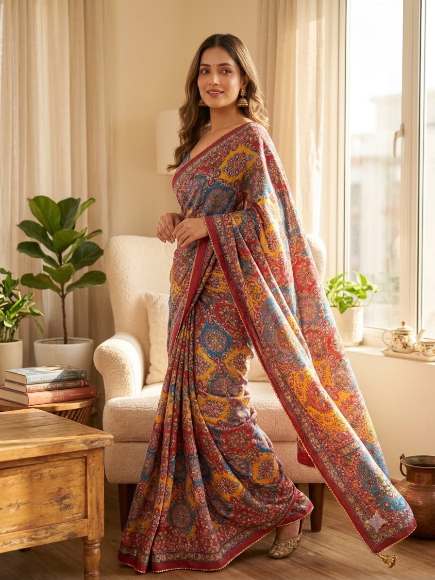 Royal Multicolor Floral Kalamkari-Inspired Printed Saree with Intricate Traditional Motifs & Designer Border