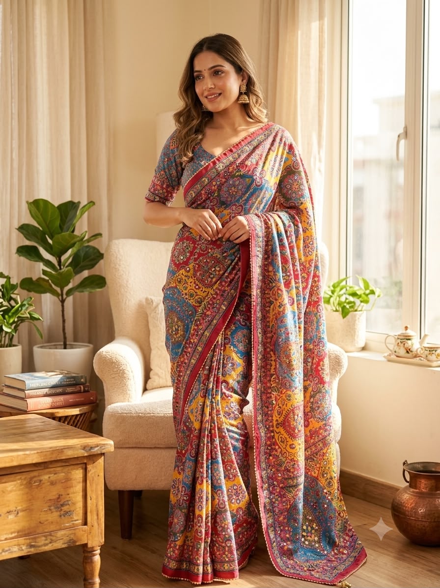 Royal Multicolor Floral Kalamkari-Inspired Printed Saree with Intricate Traditional Motifs & Designer Border