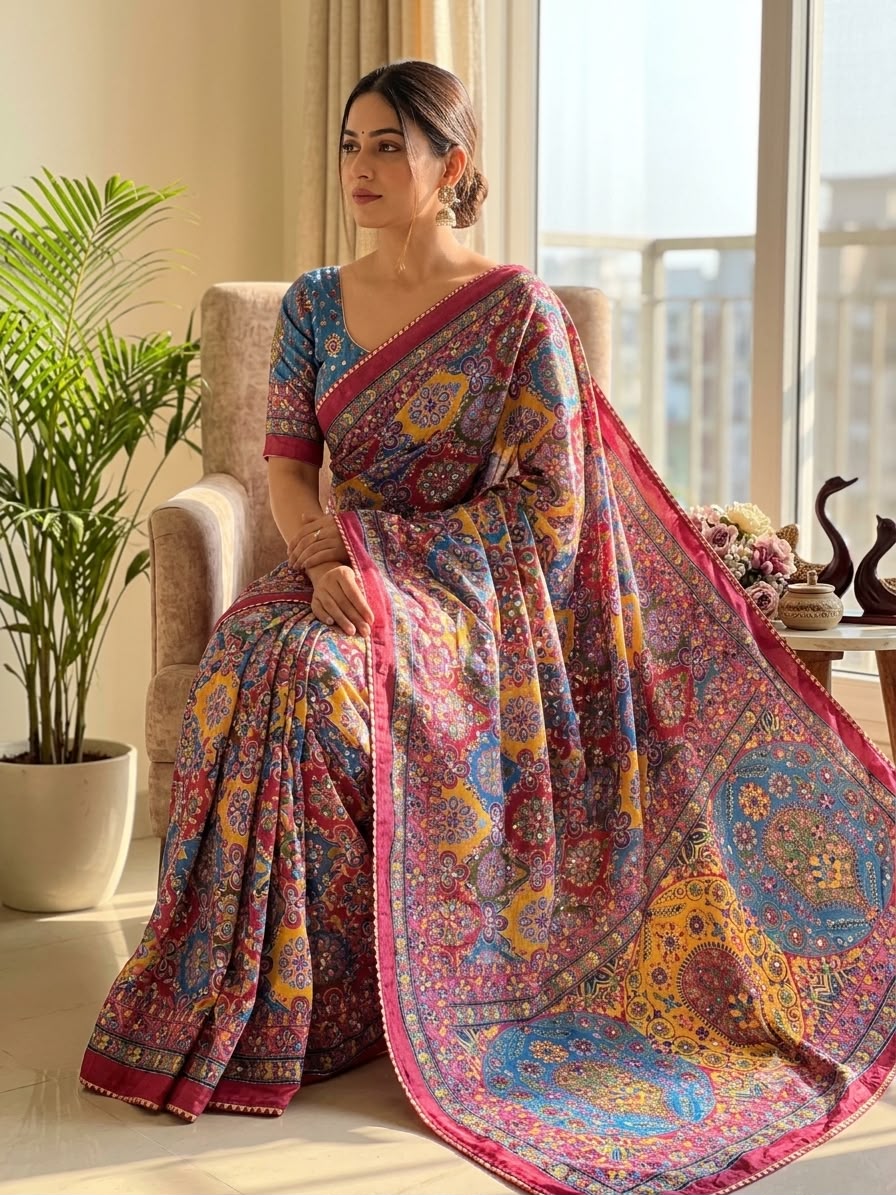 Royal Multicolor Floral Kalamkari-Inspired Printed Saree with Intricate Traditional Motifs & Designer Border