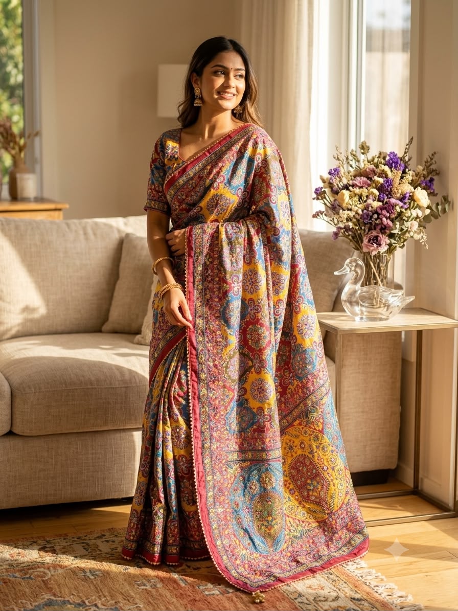 Royal Multicolor Floral Kalamkari-Inspired Printed Saree with Intricate Traditional Motifs & Designer Border