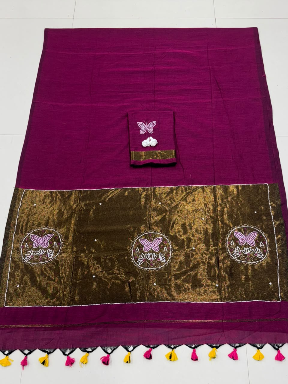 Premium Handcrafted Designer Saree with Golden Border, Floral Butterfly Embroidery & Colorful Tassel Work - MAGENTA