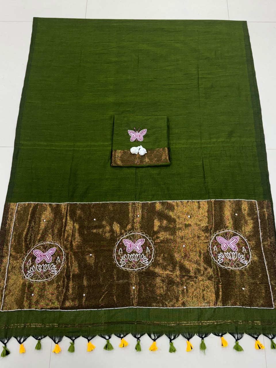 Premium Handcrafted Designer Saree with Golden Border, Floral Butterfly Embroidery & Colorful Tassel Work -  OLIVE GREEN