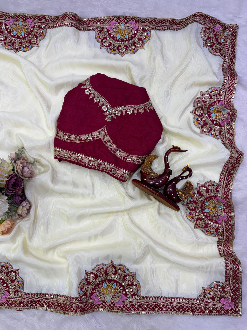 Embroidered Silk Saree with Designer Border & Statement Pallu -WHITE  & MARRON