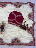Embroidered Silk Saree with Designer Border & Statement Pallu -WHITE  & MARRON