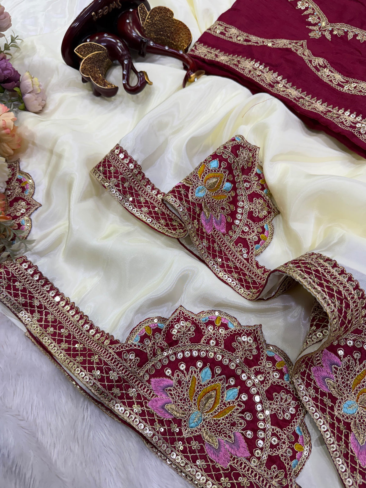 Embroidered Silk Saree with Designer Border & Statement Pallu -WHITE  & MARRON