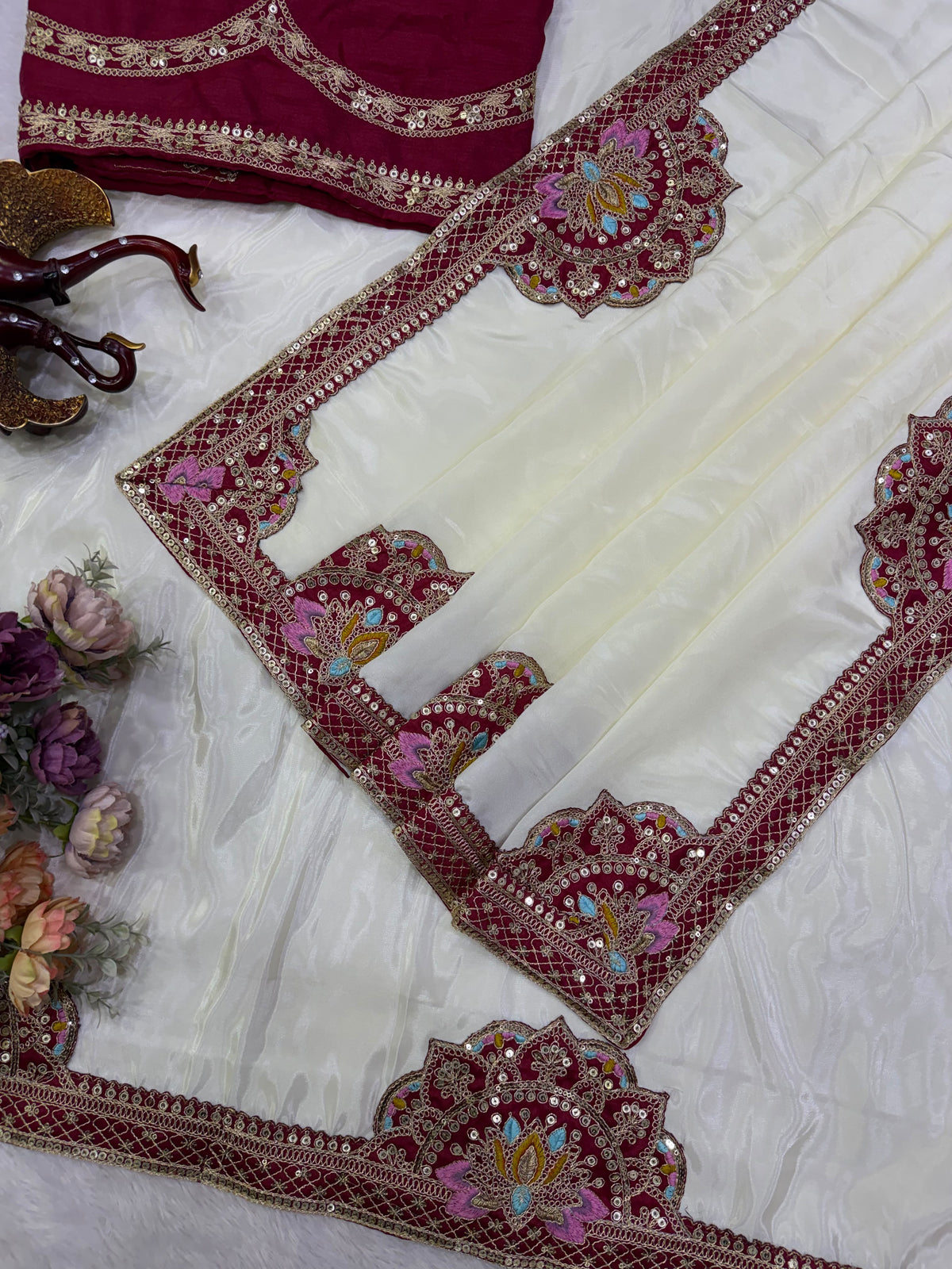 Embroidered Silk Saree with Designer Border & Statement Pallu -WHITE  & MARRON