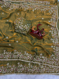 Luxury  Saree with All-Over Floral Embroidery, Embellished Border and Designer Blouse  -MAHENDI
