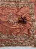 Luxury  Saree with All-Over Floral Embroidery, Embellished Border and Designer Blouse  -PEACH