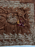 Luxury  Saree with All-Over Floral Embroidery, Embellished Border and Designer Blouse  -COFFEE