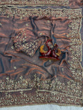 Luxury  Saree with All-Over Floral Embroidery, Embellished Border and Designer Blouse  -COPPER ROSE BROWN