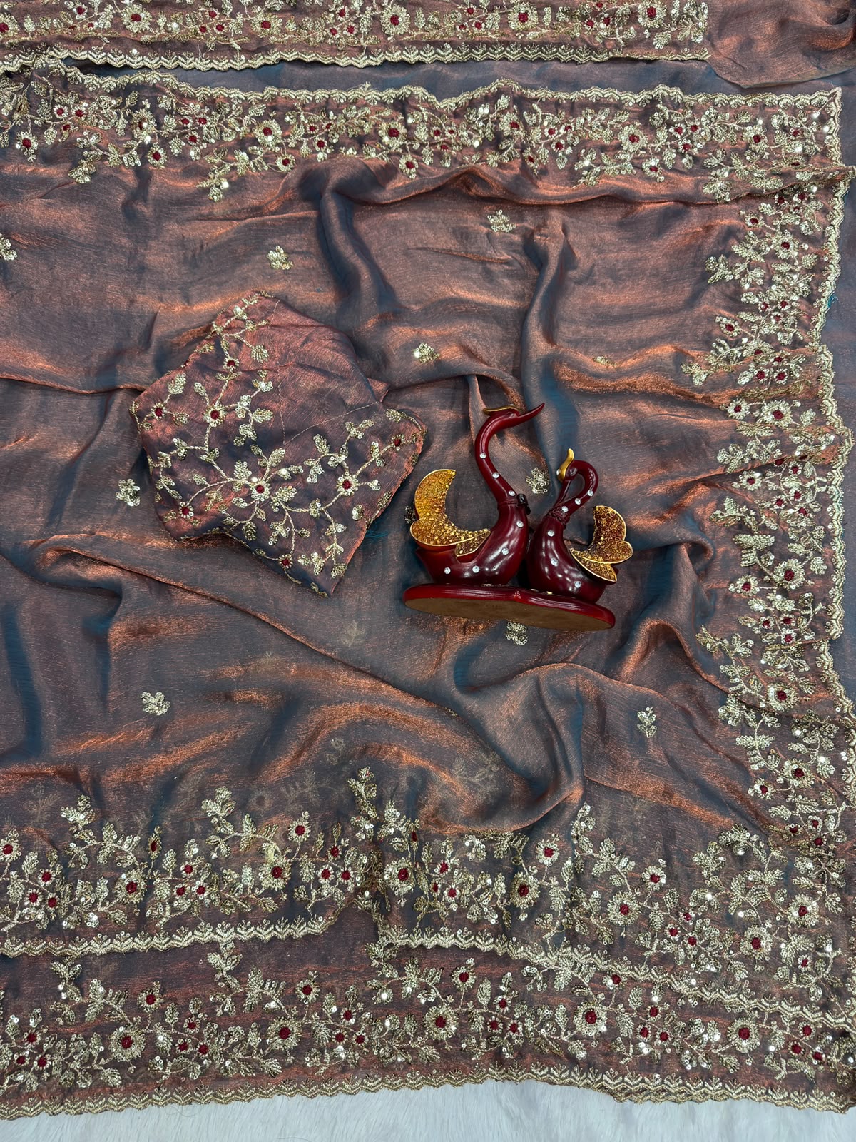 Luxury  Saree with All-Over Floral Embroidery, Embellished Border and Designer Blouse  -COPPER ROSE BROWN