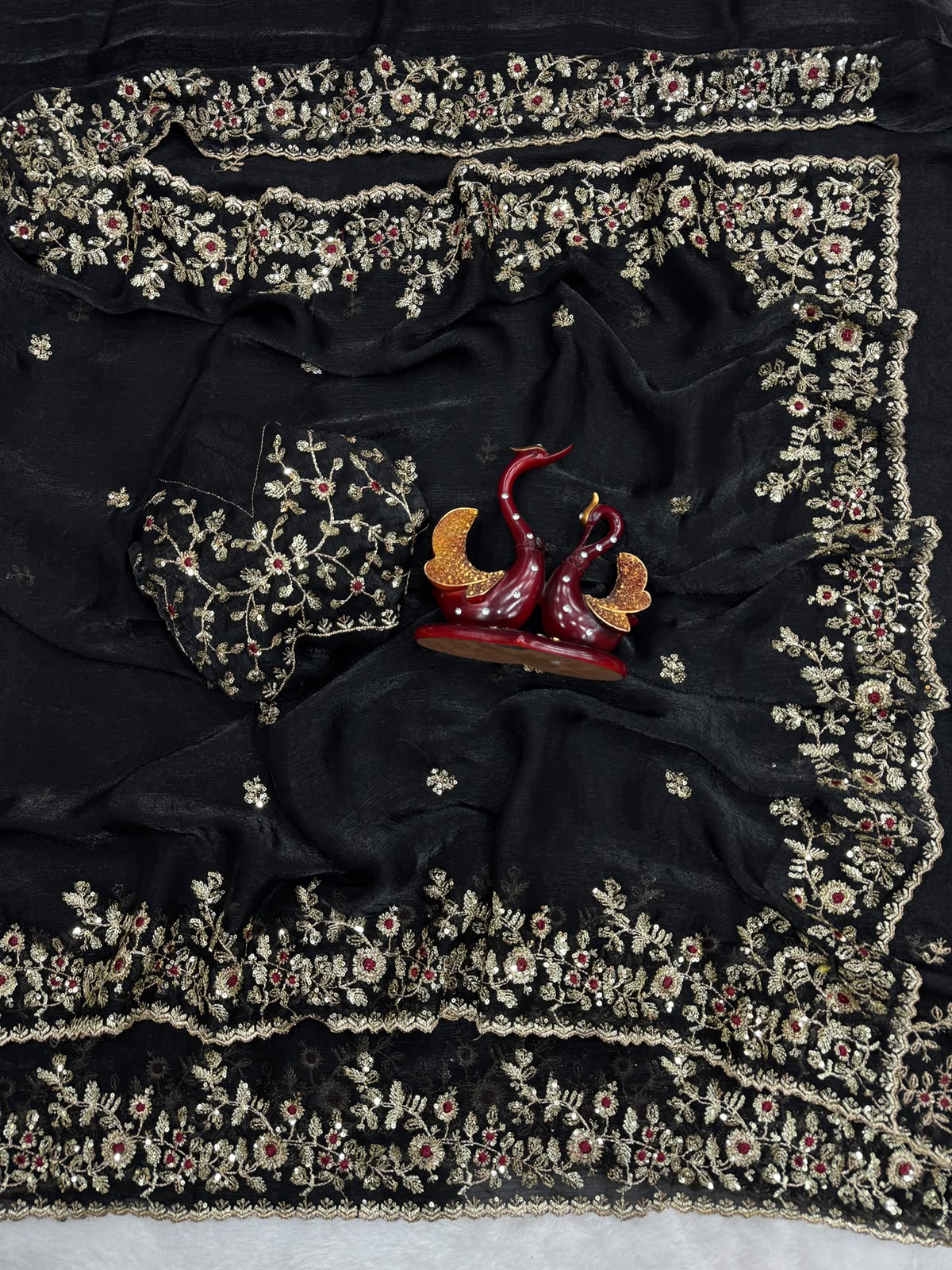 Luxury  Saree with All-Over Floral Embroidery, Embellished Border and Designer Blouse  -BLACK