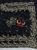 Luxury  Saree with All-Over Floral Embroidery, Embellished Border and Designer Blouse  -BLACK