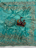 Luxury  Saree with All-Over Floral Embroidery, Embellished Border and Designer Blouse  -SKY BLUE