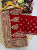 Premium Red Embroidered Saree with Traditional Zari Border & Matching Designer Blouse