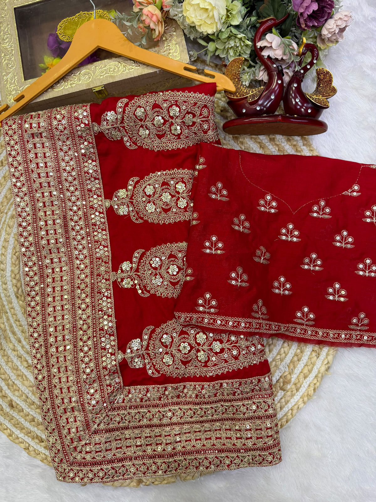 Premium Red Embroidered Saree with Traditional Zari Border & Matching Designer Blouse