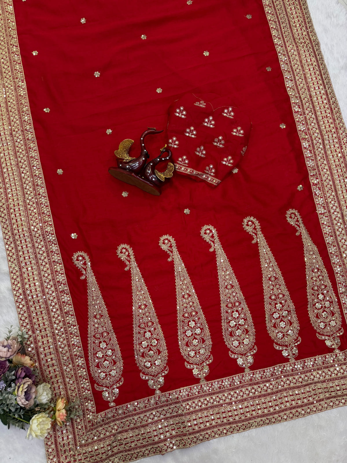 Premium Red Embroidered Saree with Traditional Zari Border & Matching Designer Blouse