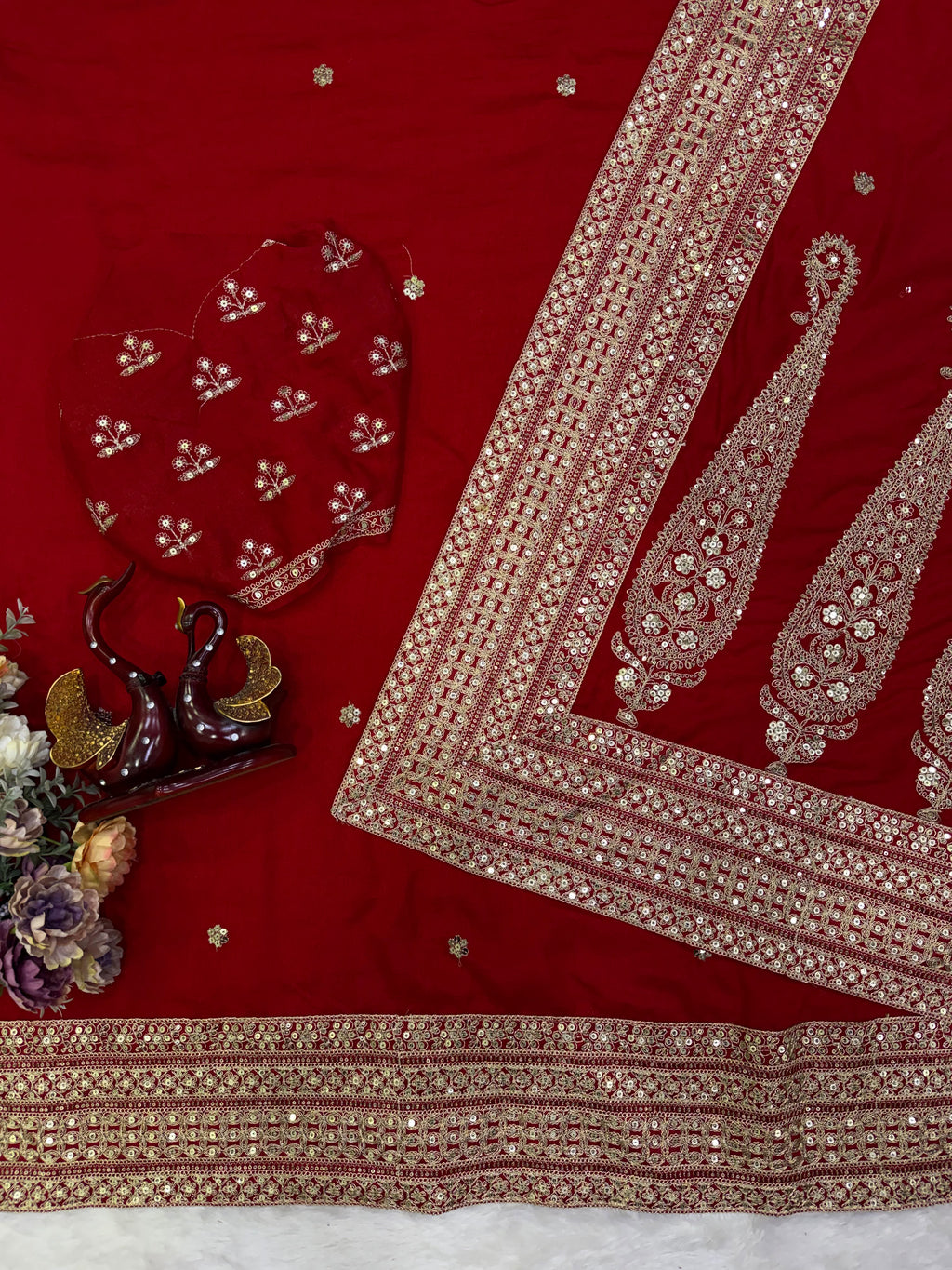 Premium Red Embroidered Saree with Traditional Zari Border & Matching Designer Blouse