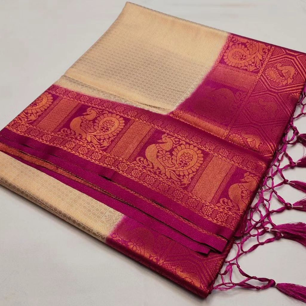 Cream color kanchipuram silk saree with zari weaving work