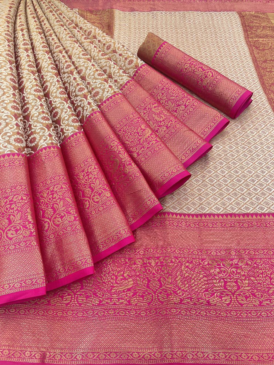 Pure Kanjivaram Silk Saree With Contrast Gold Zari Rich Weaving Pallu