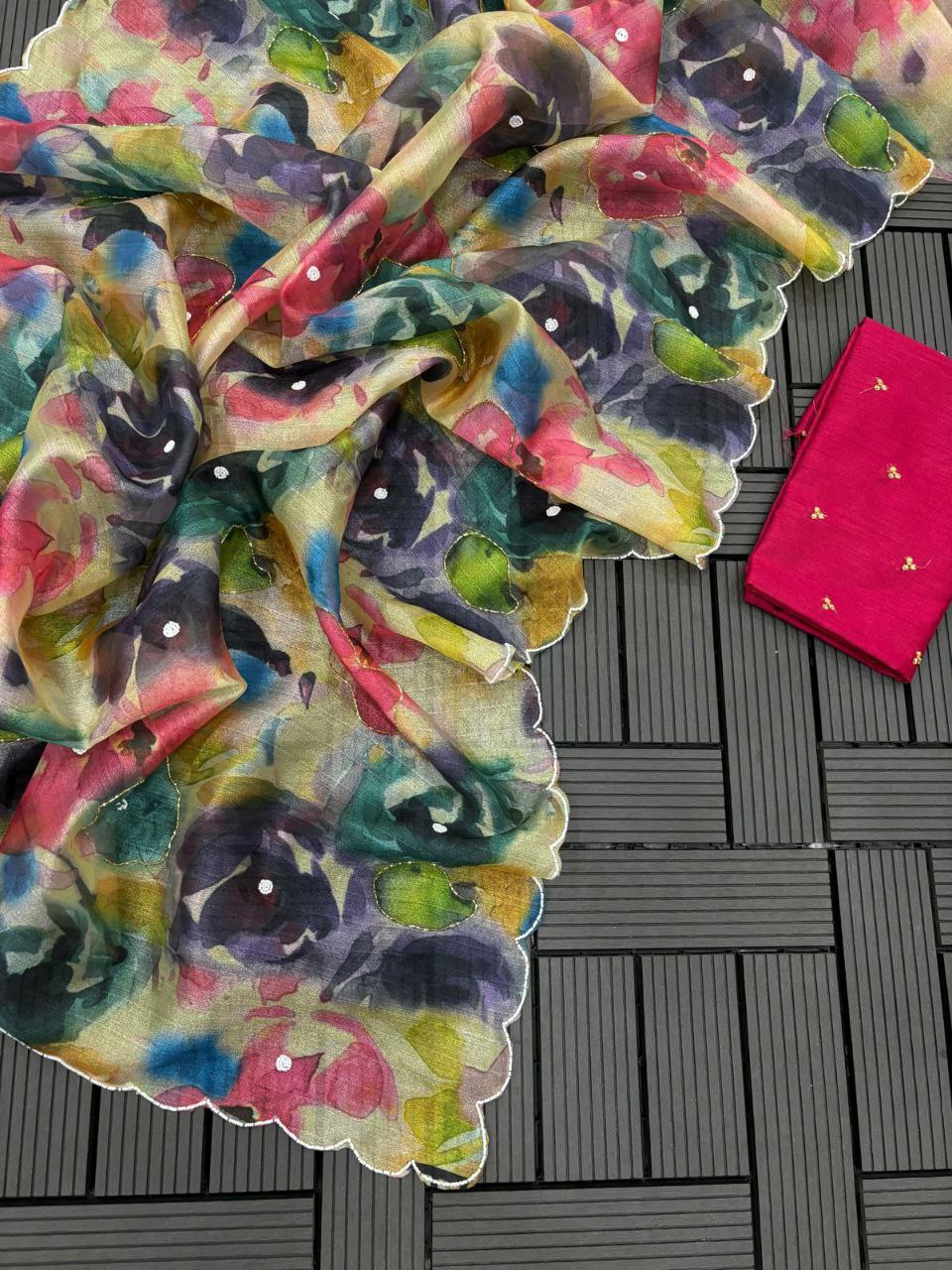 Kota-Doria Saree With Blouse And Embroidery Work