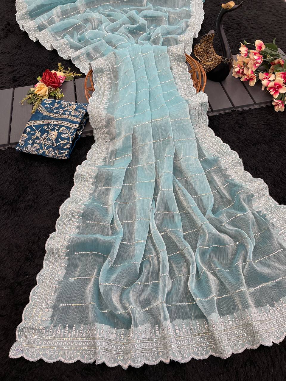 Womens Soft Burberry Embroidery Work Saree With Unstitched Blouse Piece