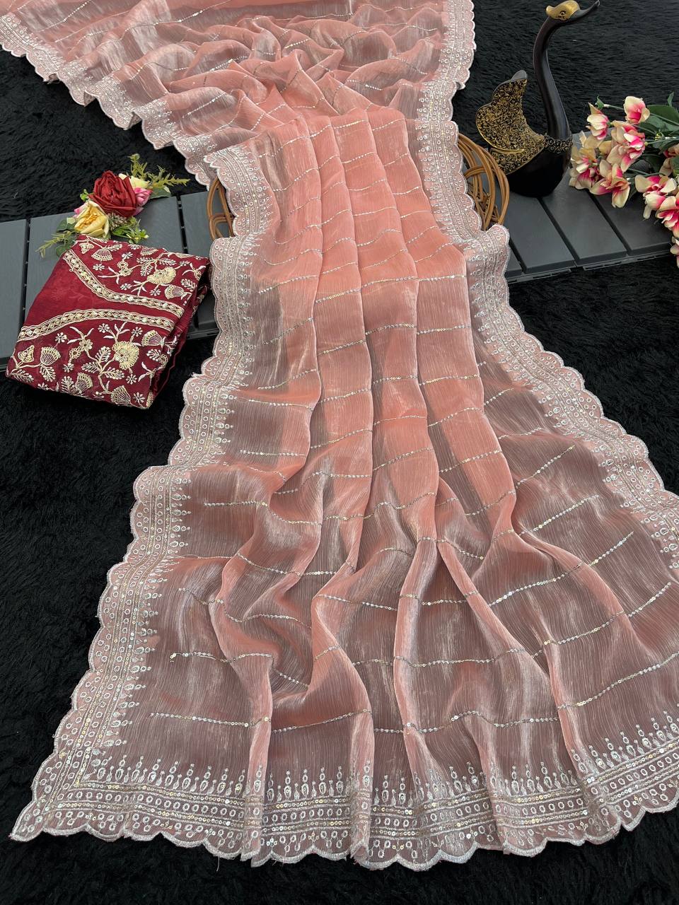 Womens Soft Burberry Embroidery Work Saree With Unstitched Blouse Piece