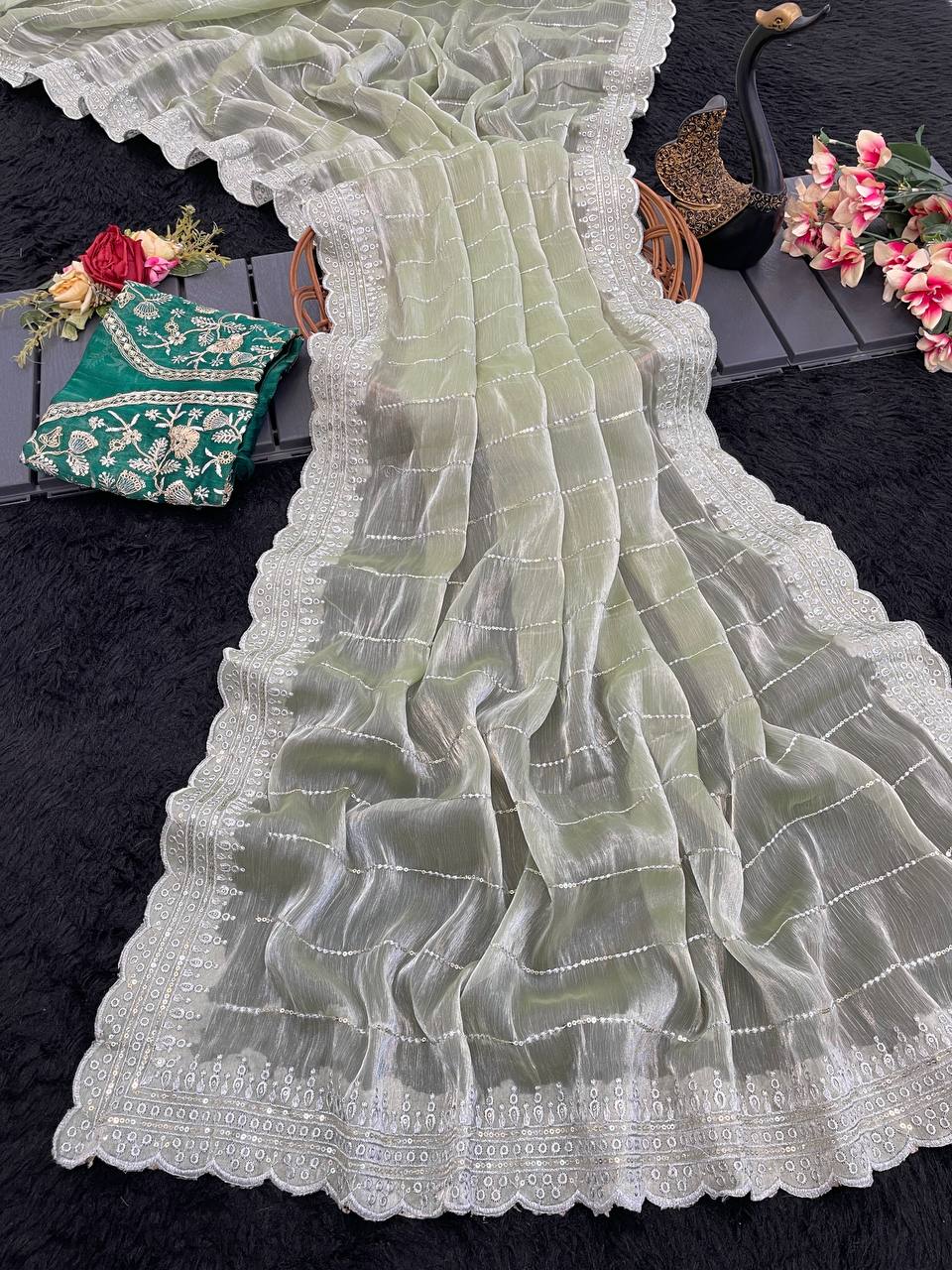 Womens Soft Burberry Embroidery Work Saree With Unstitched Blouse Piece