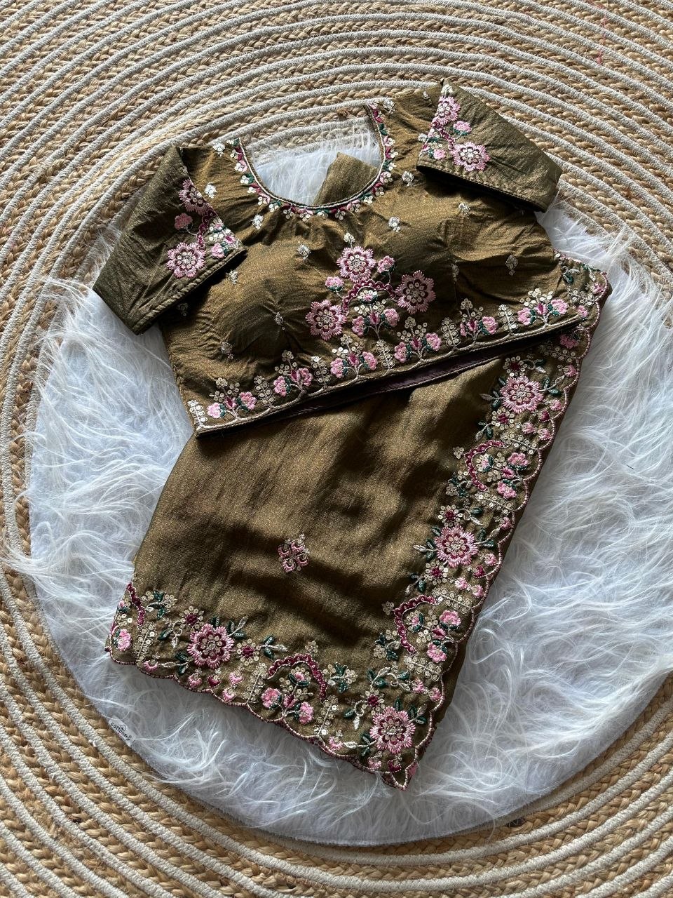 Luxury Khadi Moss Silk Designer Saree - MAHENDI
