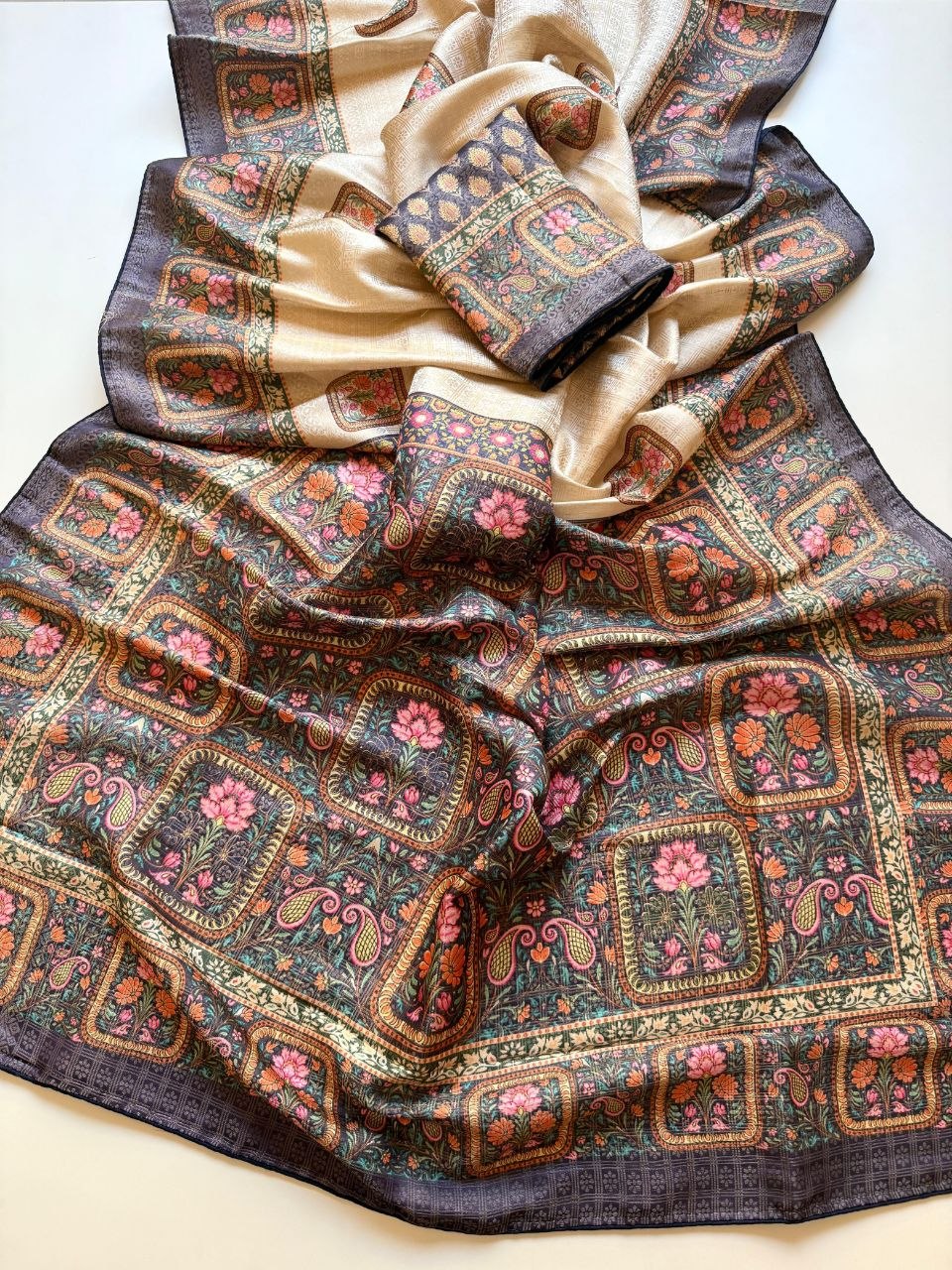 Roopkala Premium Jari Weaving Softy Silk Saree - CREAM AND BLUE