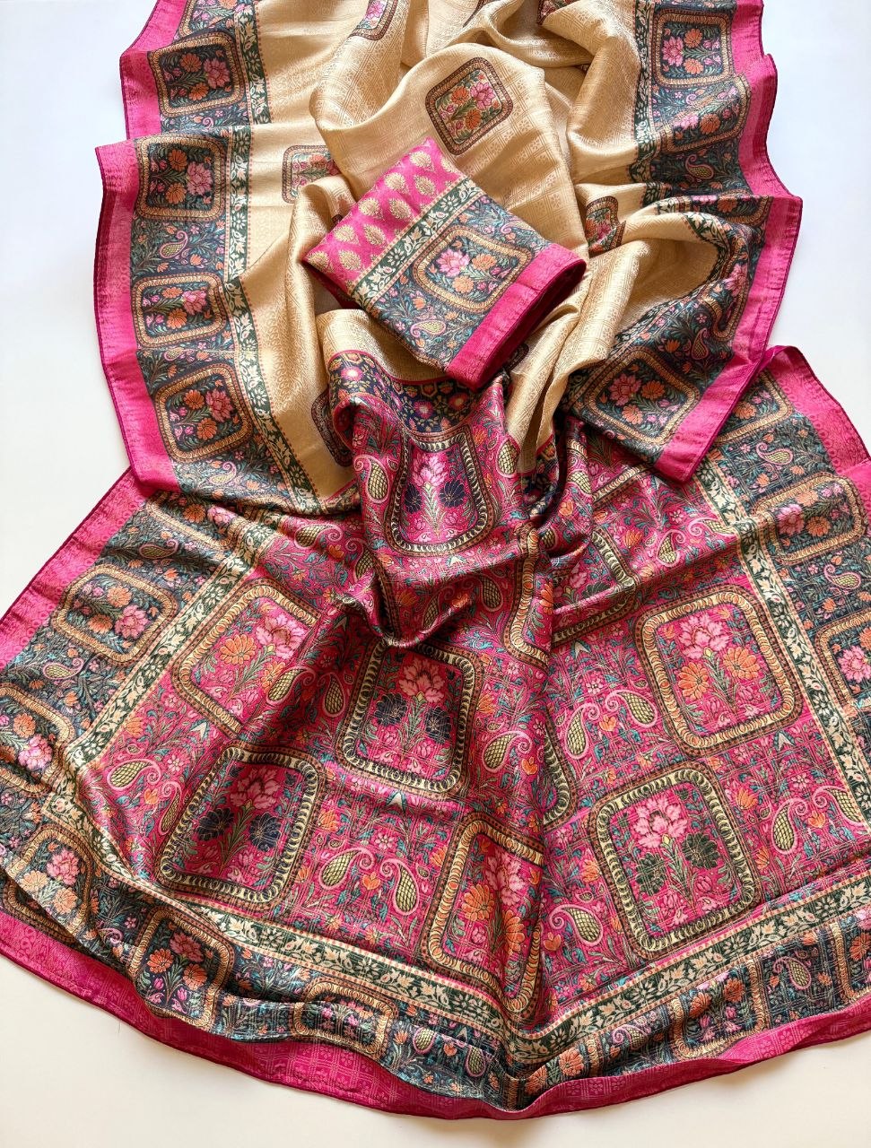 Roopkala Premium Jari Weaving Softy Silk Saree - CREAM AND PINK
