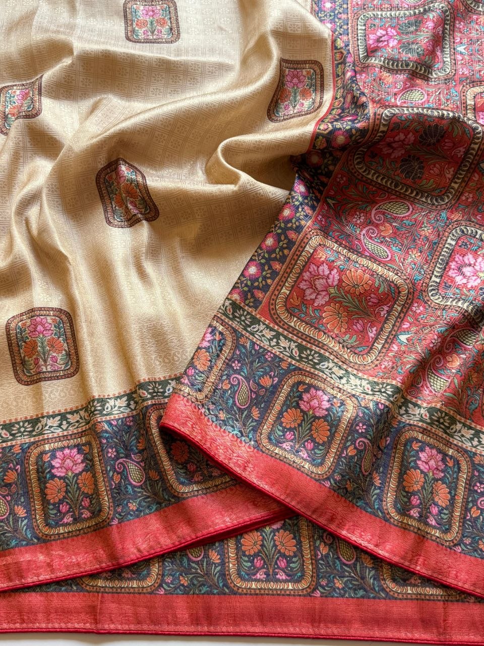 Roopkala Premium Jari Weaving Softy Silk Saree - CREAM AND ORANGE