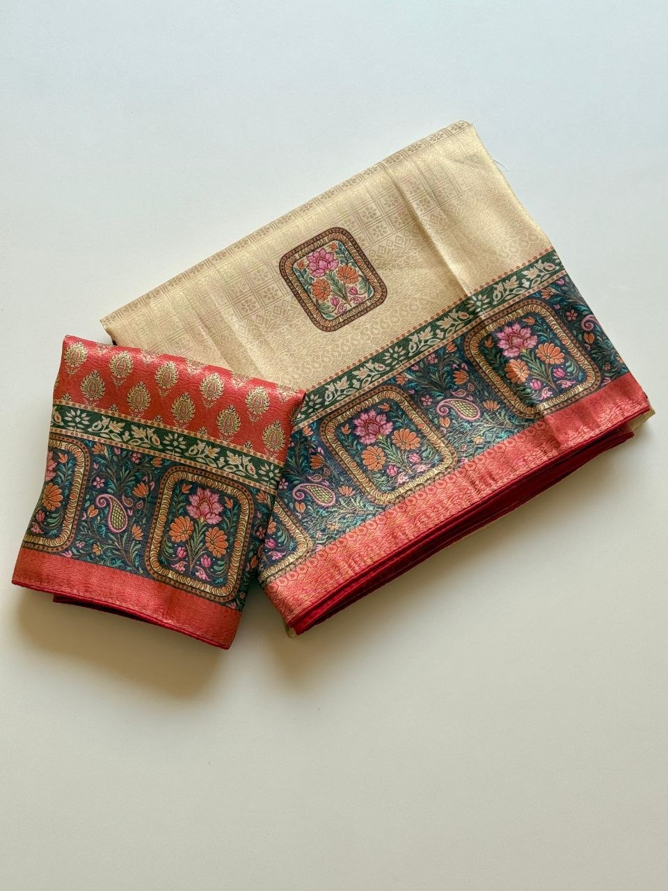 Roopkala Premium Jari Weaving Softy Silk Saree - CREAM AND ORANGE